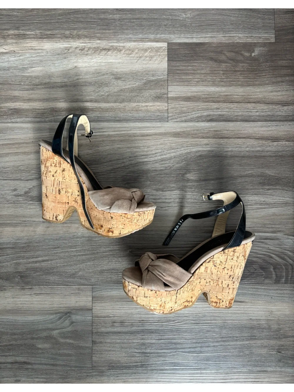 Jimmy Choo Women’s Cork Wedge Sandals with Taupe Suede KnotBlack Patent Straps